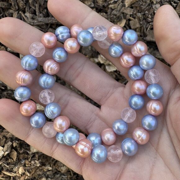 Honora 2 Freshwater Pearl Stretch Bracelets Set, Pink Blue & Faceted Rose Quartz - Picture 2 of 6